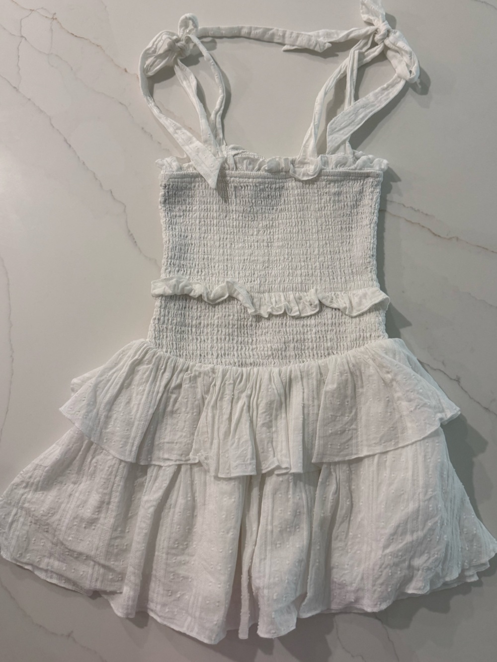 Katie J NYC White Smocked Ruffle Dress Tie-Strap